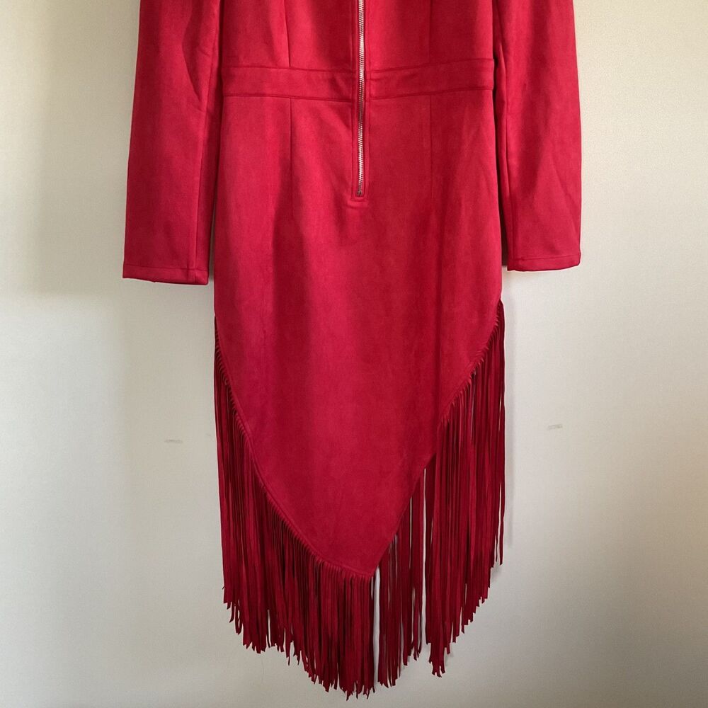 Oyrosy Western Style Embroidered Red Fringed Faux Suede Midi Dress L Festival - Picture 7 of 14
